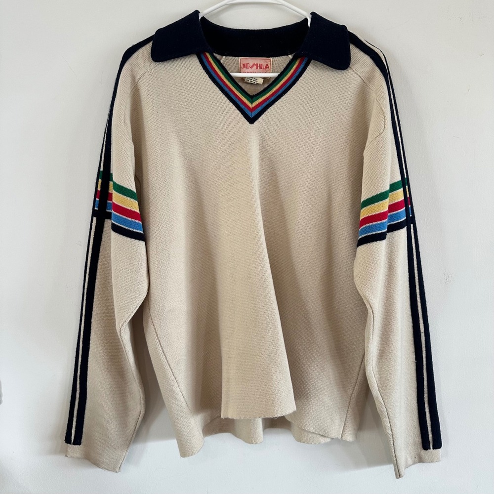 VTG Joshua Striped Rainbow V-Neck Polo Sweater Cream Mens L RN25637 Retro 1970's